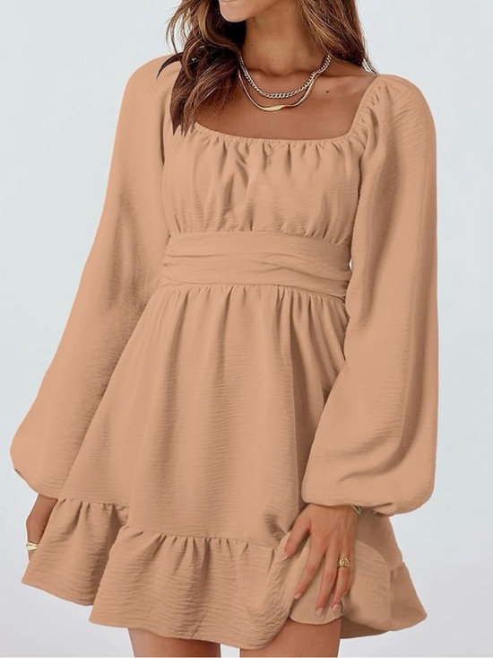 Dokotoo Dresses & Skirts - Dokotoo Smocked Empire Waist Long Sleeve open back Mini Dress — Tan